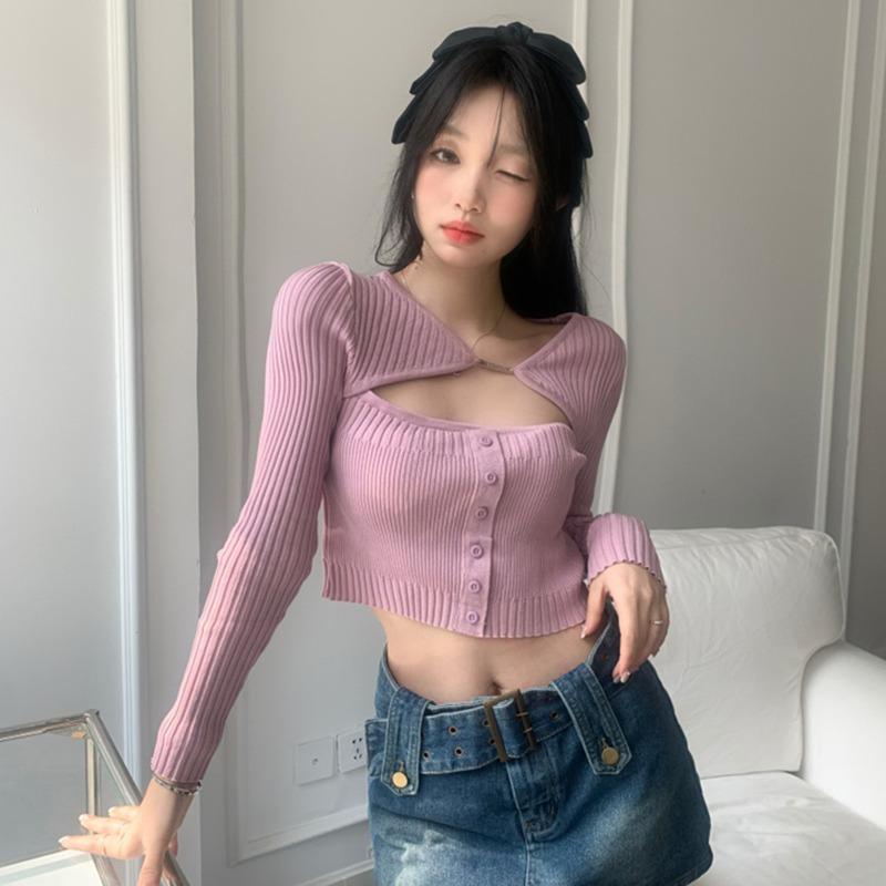 

Женский полый вязаный кардиган, осенне-весенний тонкий укороченный топ с длинным рукавом Y2k One Size