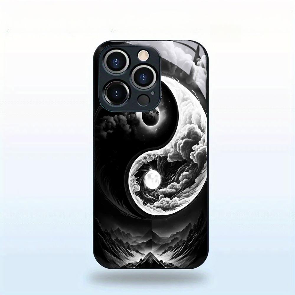 Yin Yang Phone Case Glass Tempered Glass For iPhone 16 15 14 13 12 Pro Max Plus Shock Absorption Hard Glass Phone Back Cover