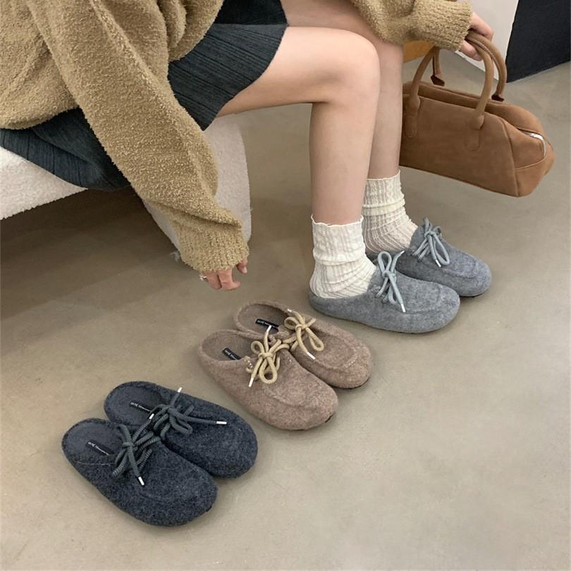 Retro Late Evening Wind Velcro Gray Felt Bag Head Half Slippers Women Wear Autumn and Winter Pedal Platform Shoes