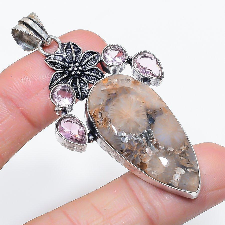 Natural Fossil Coral, Kunzite 925 Sterling Silver Jewelry Pendant 2.60" y3o32