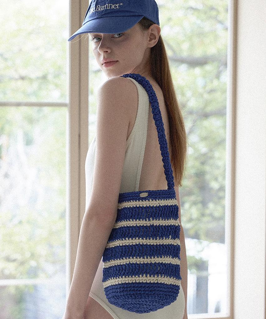 Slowslowly Moroccan Handmade Crochet Stripe Bucket Bag _ Blue