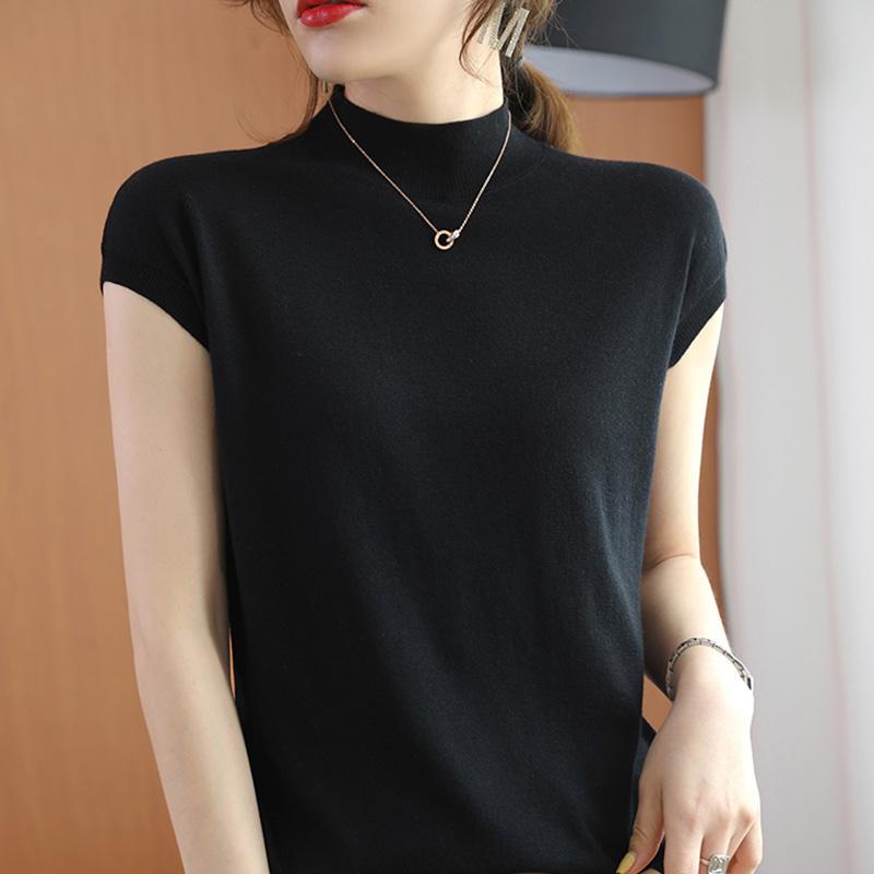 Thin Camisole Vest Women's Summer Half High Neck Short Sleeved T-shirt Women's Knitted Loose Temperament Sleeveless Top Women's Base Shirt