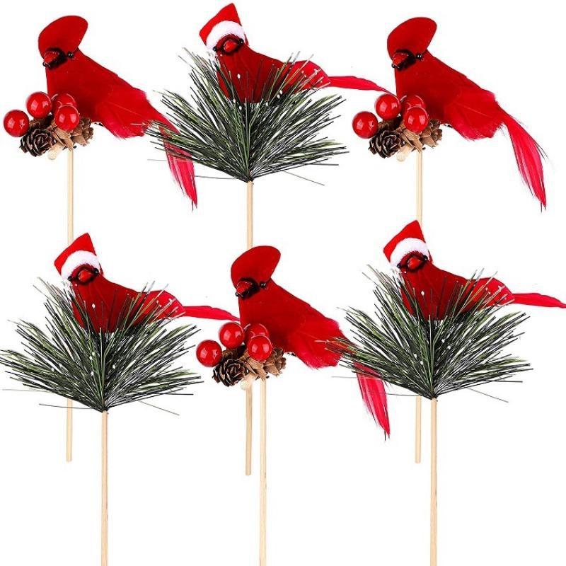 6pcs New Year Artificial Birds Red Clip-on Cardinals Feathered Bird Miniature Fake Birds Holiday Party Christmas Village Decor