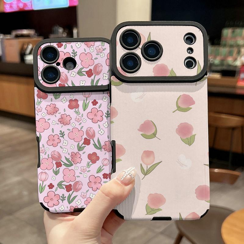 Pink Flowers Floral Printed Vertical Grain Leather Soft Silicone Phone Case Back Cover with Camera Lens Full Protection for iPhone 17