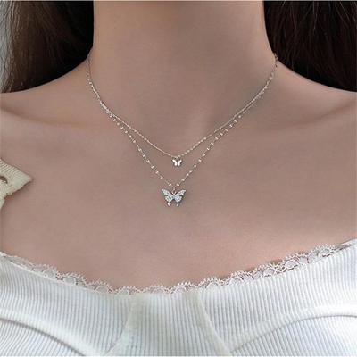 Double-Layer Butterfly Necklace Feminine Simple Temperament Cold Wind Collarbone Chain Design Fresh Jewelry