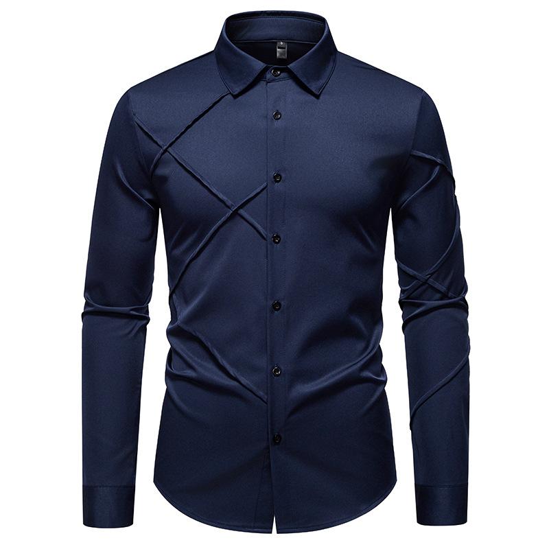 

Autumn Men S Solid Color Pleated Design Casual Long Sleeve Shirt Men S Loose Shirt S тёмно-синий