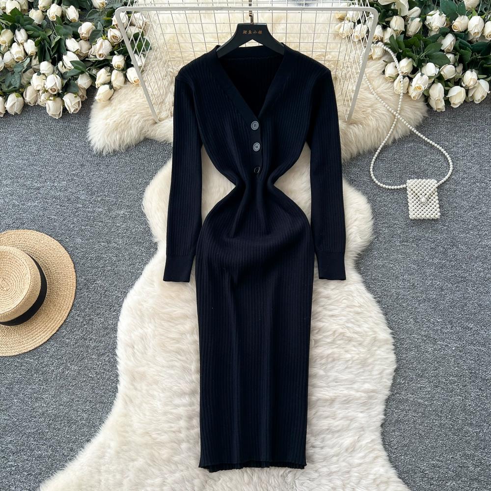 

Осень Весна Женский Элегантный Вязаный Свитер с V-образным вырезом Облегающее Платье-футляр для Офисной Работы One Size чёрный