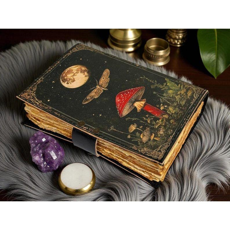 Grimoire Vintage Mushroom leather journal, Handmade Antique Deckle Edge Paper Spell Book of Shadows Journal for gifts