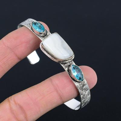 Natural Blue Lace Agate Gemstone Bangle Adjustable 925 Sterling Silver For Girls