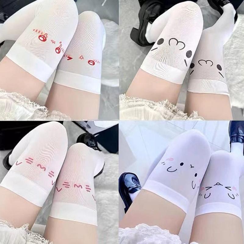 Kawaii Cat Paw Thigh Socks White Print Long Socks Jk Harajuku Expression Over Knee Thigh High Stockings Japanese Cosplay Socks