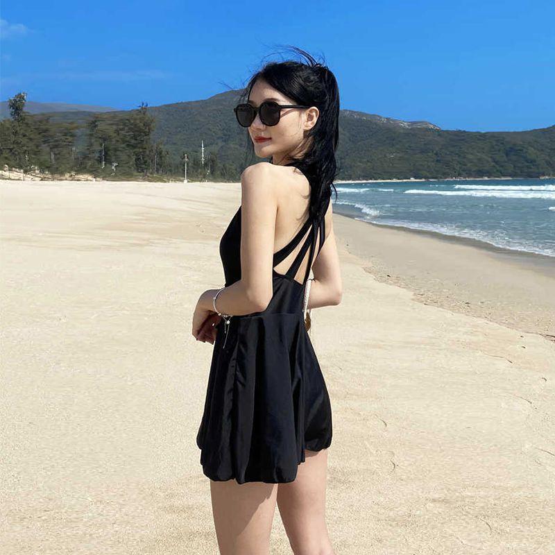 Beachwear Dress One-Piece Bikini Suits Ruffle Pleated Crew Skirt Swimwear Criss Cross Back Bandage Casual Elegant Bikini