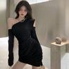 One-Shoulder-Kleid, figurbetontes Minikleid, einfarbig, langärmelig, für Damen, schmale, gemütliche Ulzzang-Kleider