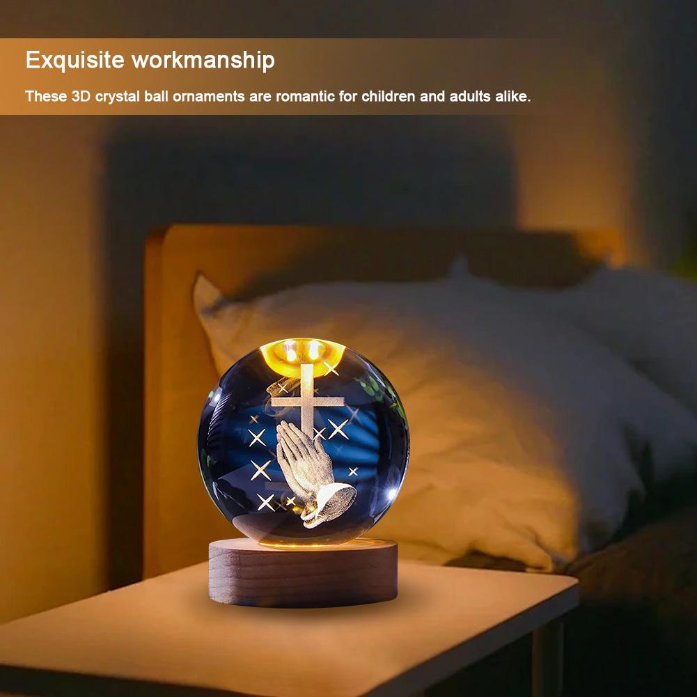 3D Creative Engrave Crystal Ball with Wooden Base USB Charging LED Crystal Ball Night Light Lighted Crystal Ball Art Decoration