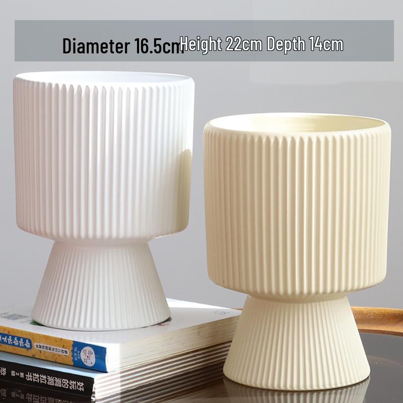 Nordic Ceramic Flower Pot with Tray - High-Footed Vertical Stripes for Indoor/ Balcony, Ideal for Pothos and Orchids.
