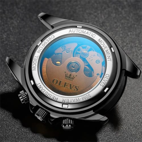 OLEVS Watch Men's Automatic Arm Watch Men's Black Popular Watch Automatic Belt 3 ATM Water Resistant Luminous Calendar Date Skeleton Fashion Black