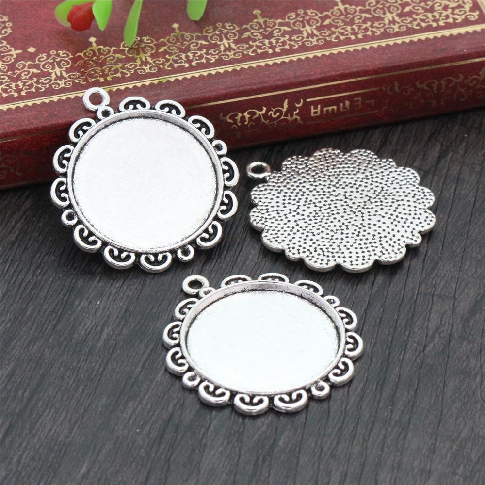 New Fashion 5pcs 25mm Inner Size Black Antique Silver Plated Bronze Flower Simple Style Cabochon Base Setting Charms Pendant