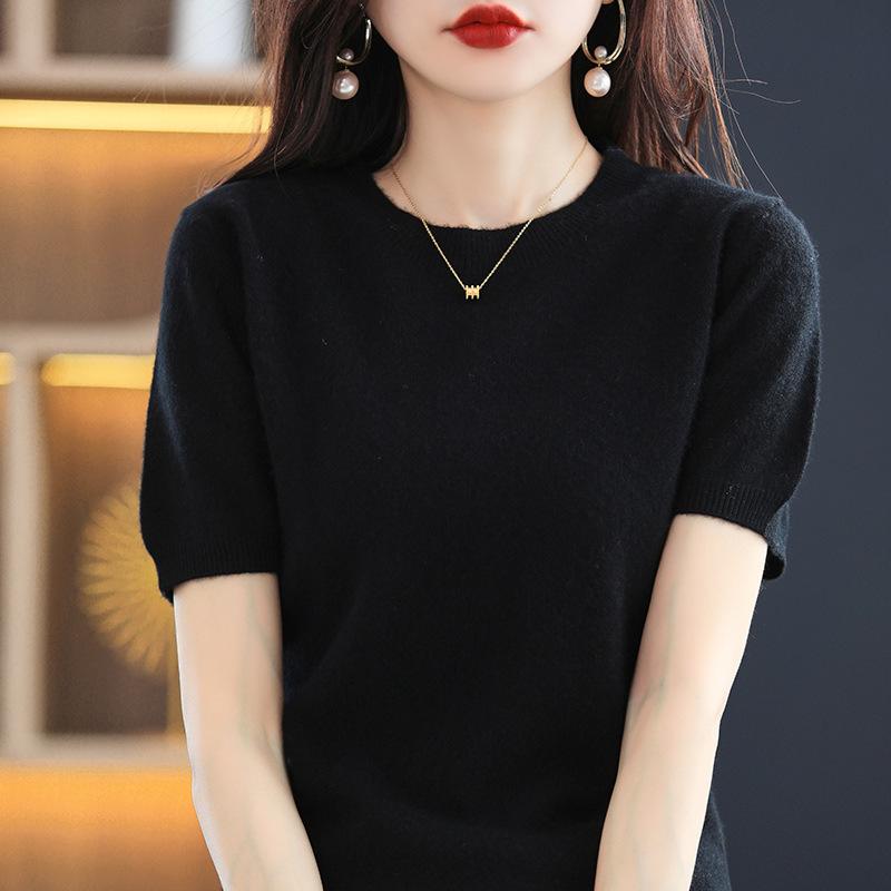 VEZFAA Dámská móda Ležérní podzim Zima Jednobarevné svetry s krátkým rukávem a výstřihem do O