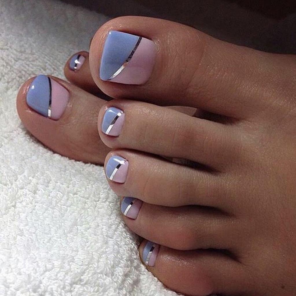 24 Unghie Finte per Piedi Rosa e Viola Splicing, Unghie Finte Quadrate con Design a Linea Argentata, Unghie Finte Lucide Full Cover per Donne e Ragazze