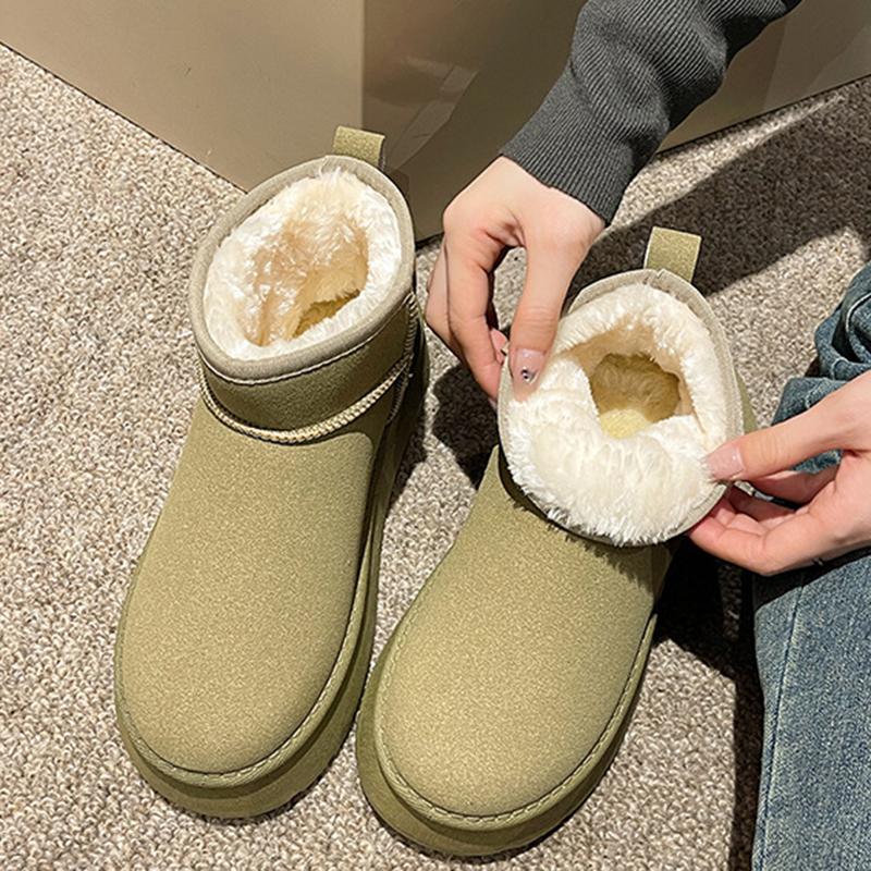 Herbst- und Winter-Schnee-Stiefel mit integriertem Fell, Damen-Außenfellschuhe mit dicker Sohle, Kurzstiefel mit Schwammsohle