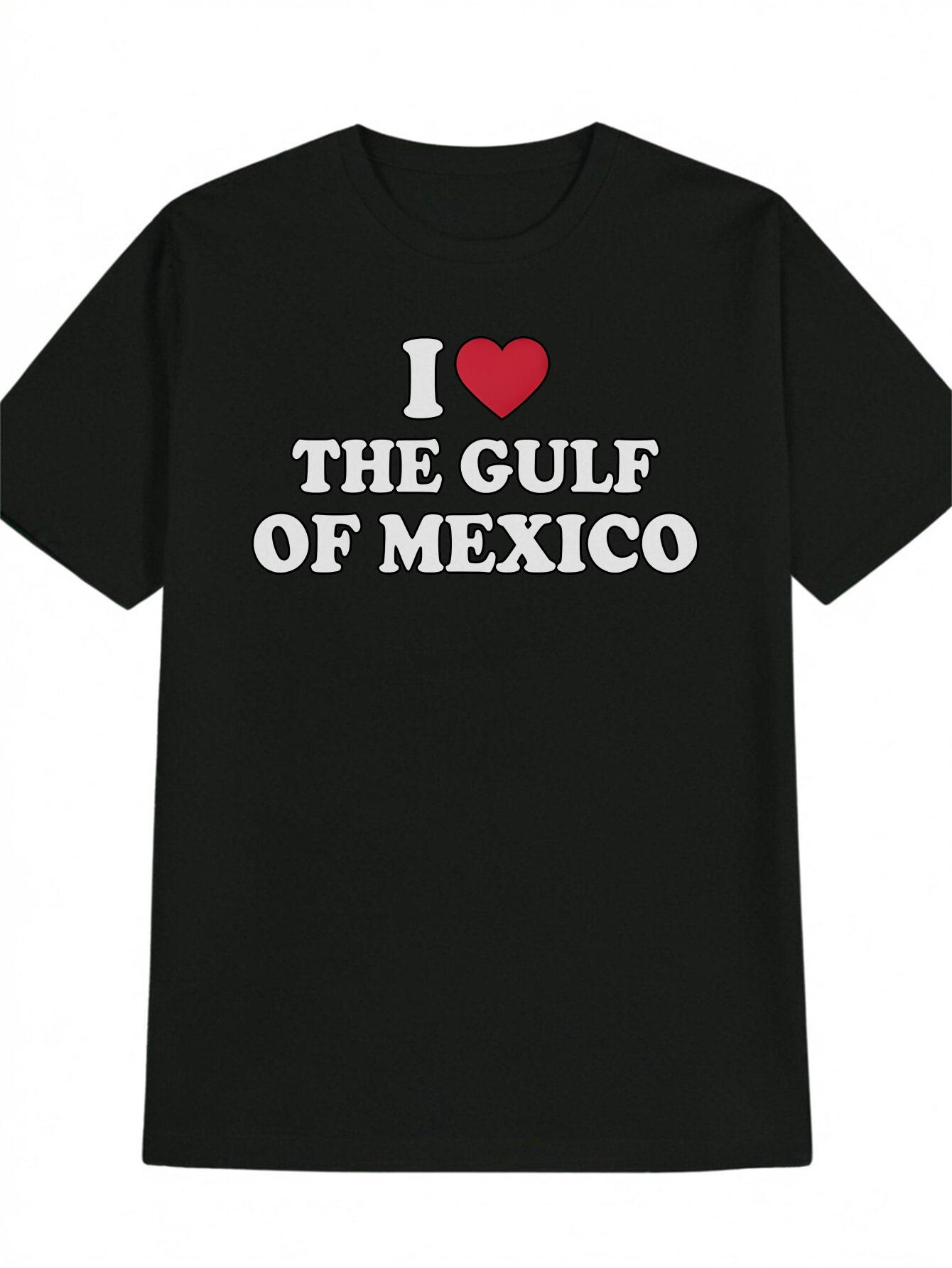 Casual Round Neck T-shirt with 3D Heart Graphic - I Love the Gulf of Mexico Design S
