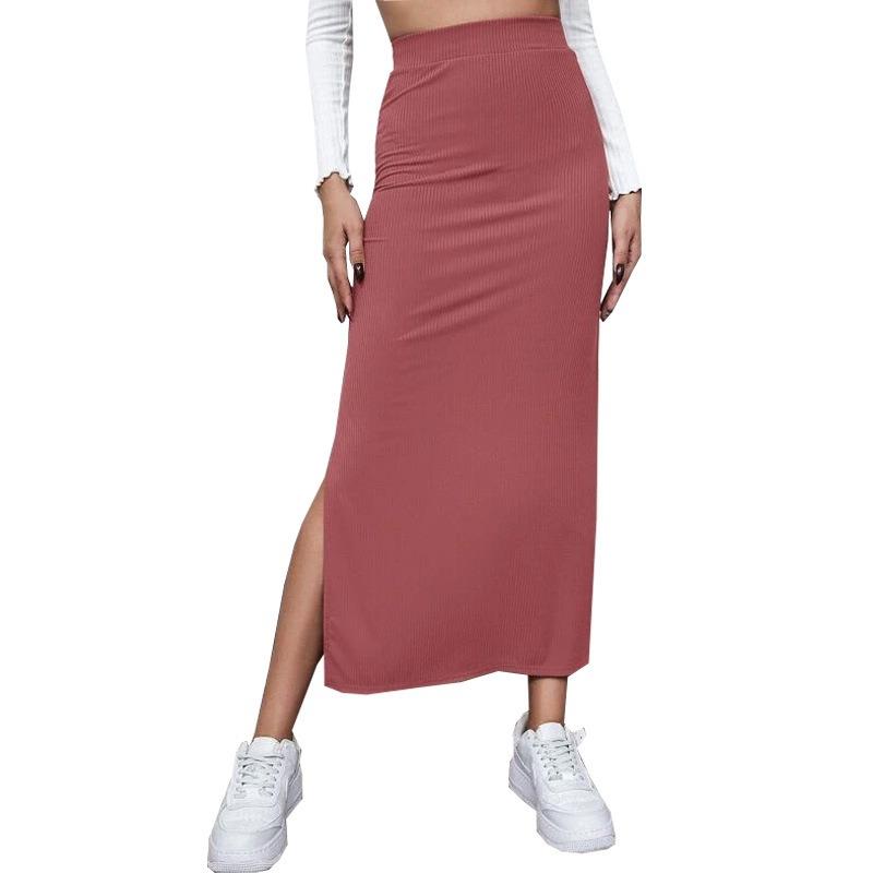 

Women s Black Ribbed Knit Maxi Skirt High Waist Side Split Bodycon Pencil Skirt S червоний