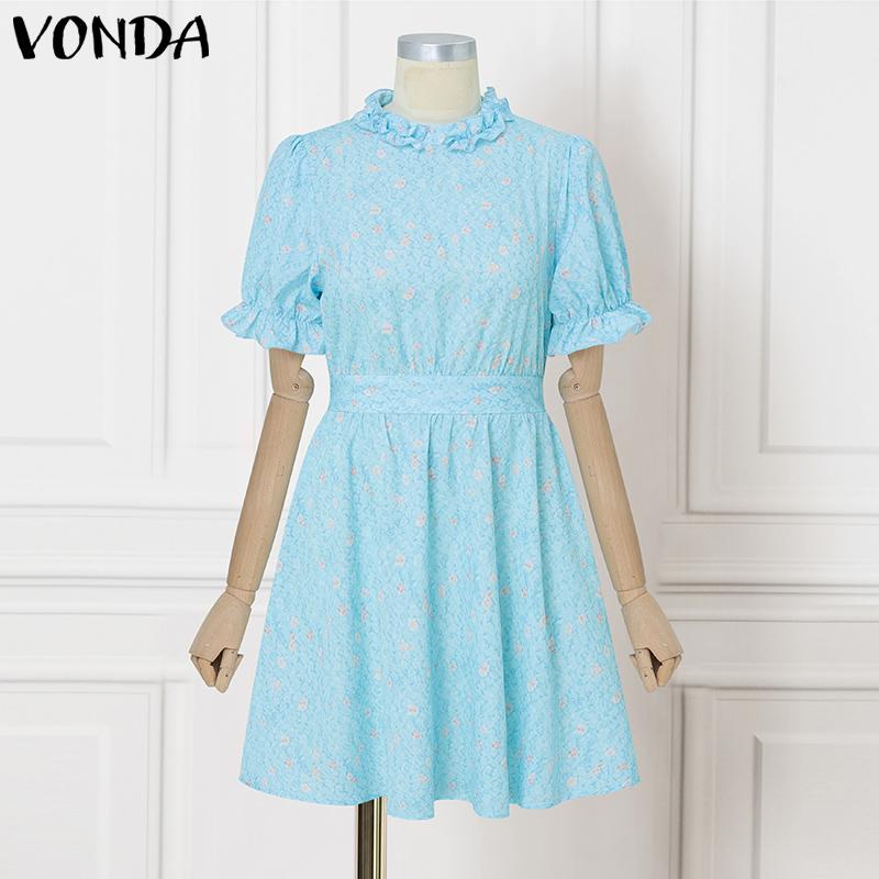 VONDA Summer Women Stand Neck Floral Print Holiday Casual Pleated Dress