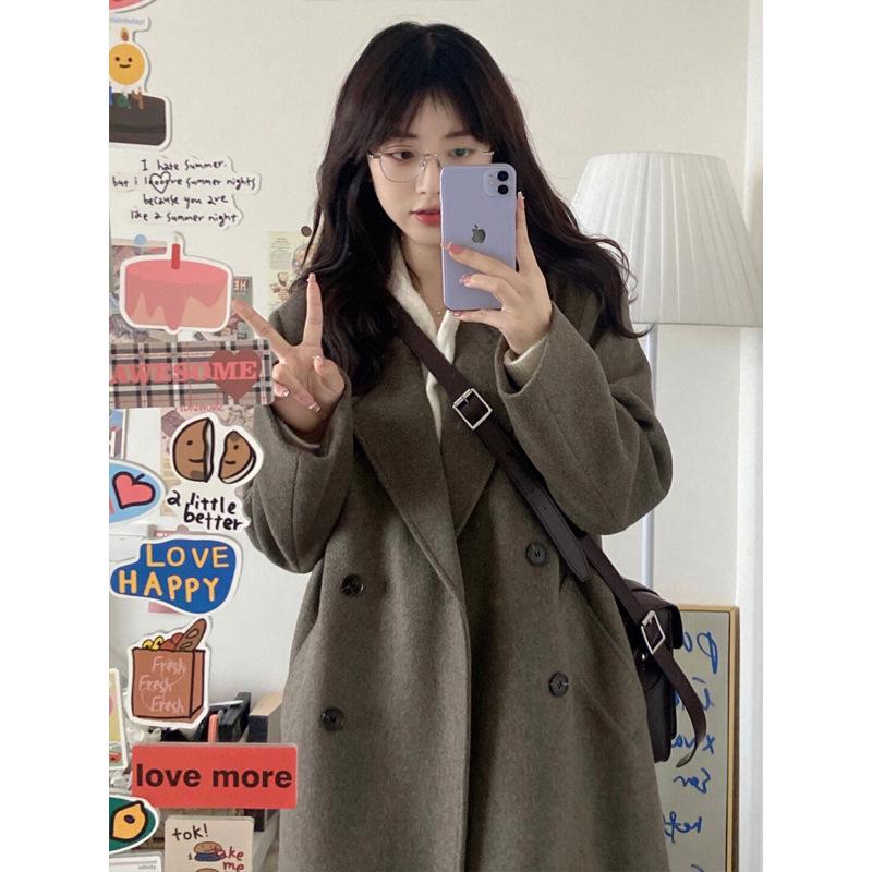 Women's Mid-Length Black Wool Coat, Winter 2025 Korean Style, Loose Slimming, Thickened Padding