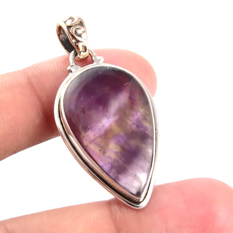 Natural Cacoxenite Gemstone 925 Sterling Silver Gift Two Tone Pendant 1.7'' Q6j39