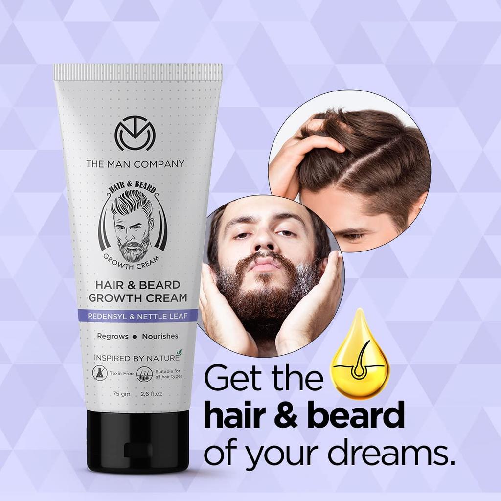 The Man Company Beard & Hair Growth Cream for Men, Infused with Redensyl & Nettle Leaf, Regrows & Nourishes, 75Gm