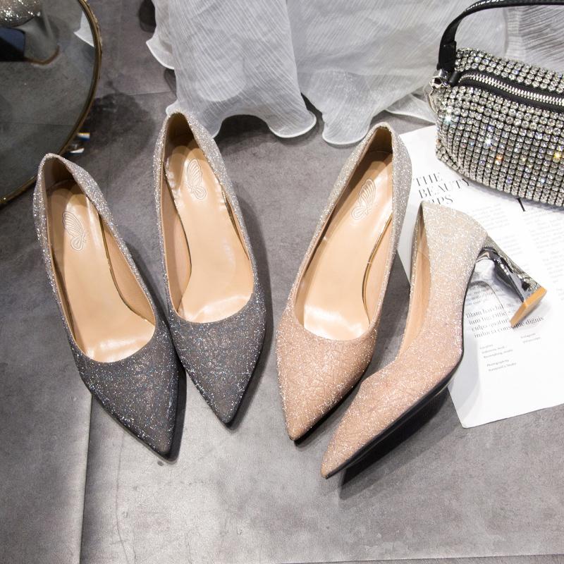 Sequins Wedding Party Shoes Women Sexy Pointed Toe 6.5cm Thick Heel Pumps Woman Slip-On Shining Banquet High Heels Shoes Female