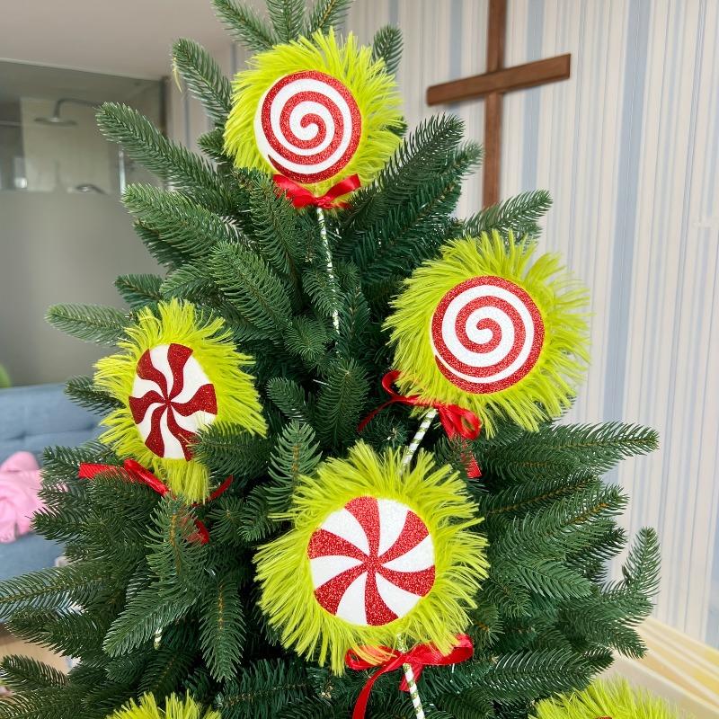 2PCS/SET Christmas Tree Picks Decorations, Polyester Plush Candy with Green & Red Lollipop, Festive Xmas Branch Ornaments