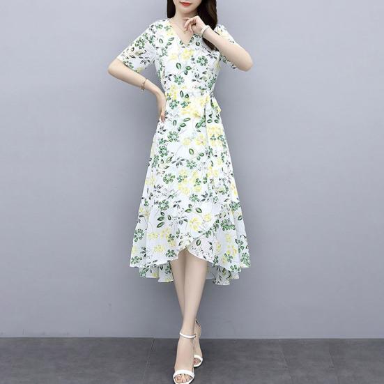 Květinové šaty pro ženy Výstřih do V Krátký rukáv Splývavé Zavinovací Midi šaty Volány Nepravidelný lem Áčkový střih Plážové Prázdninové šaty