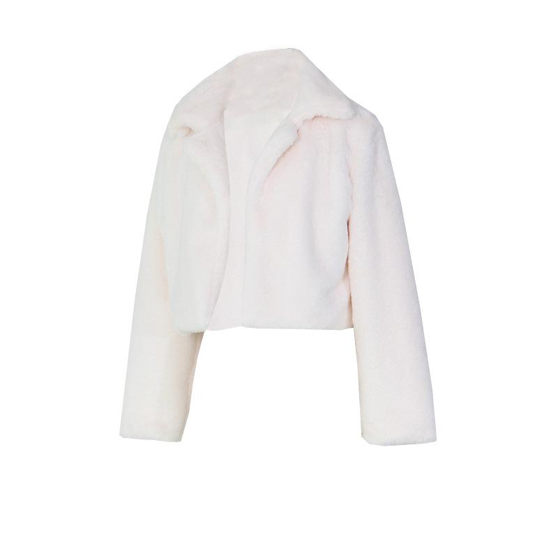 Damen Lässig Einfarbig Kunstpelzmäntel Herbst Winter Langärmliger Revers Kurzjacke Mode Flauschiger Übermantel