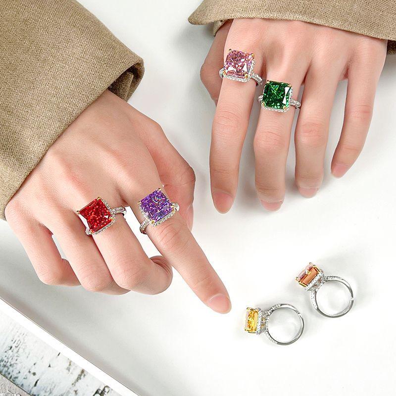 Jewelry Copper Bottom Gold-Plated High Carbon Diamond Ice Flower Square Diamond Copper Inlaid Princess Square Light Luxury Ring Female 12 * 12