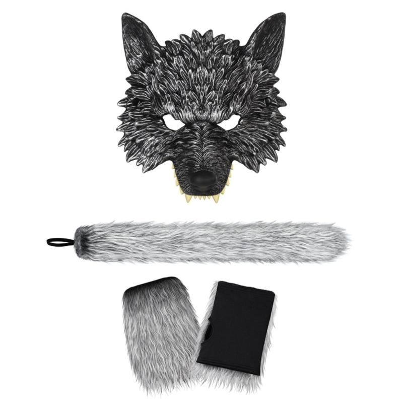 2/3Pcs Wolf Costume Set Wolf Tail Wolf Mask Gloves Set Halloween Christmas Fancy Party Costume Toys Animal Cosplay Props