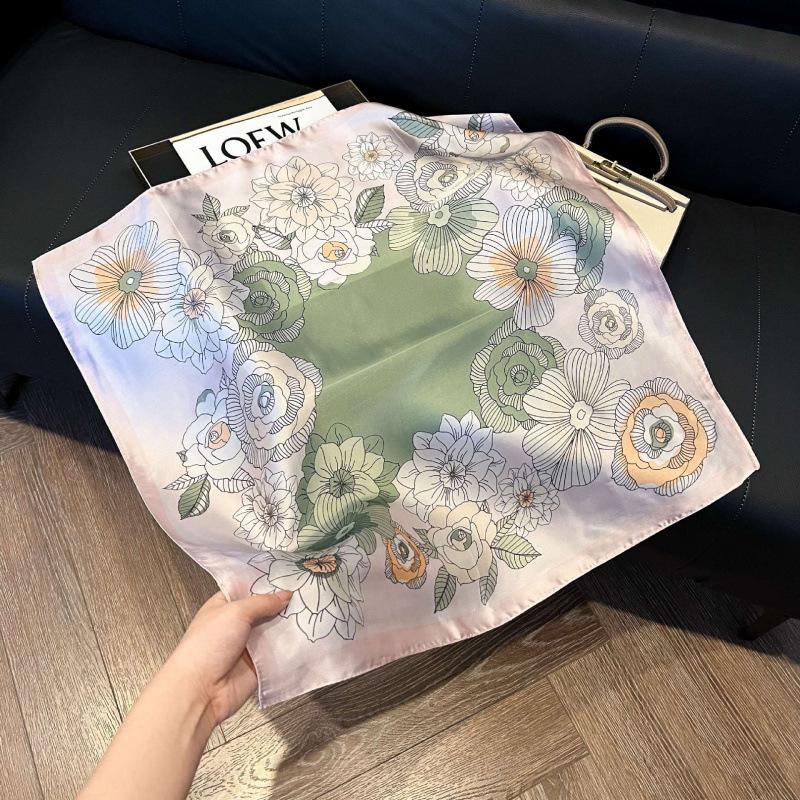 Fashion Black and White Printing Temperament Square Scarf Imitation Silk Korean Version Decorative Scarf Scarf Professional Decorative Shawl Silk Scar
