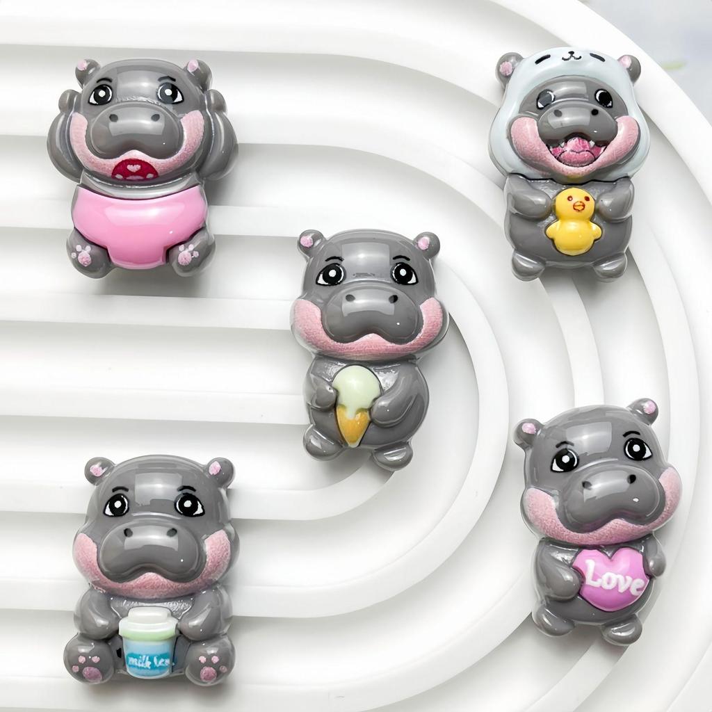 Glossy Cartoon Hippo Resin Accessories for DIY: Hair Clip, Keychain, Bag Pendant, or Fridge Magnet