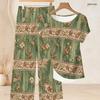 Women Plus Size Round Neck Short Sleeve Knot Hem Red White Striped Printed Two Piece Pants Set