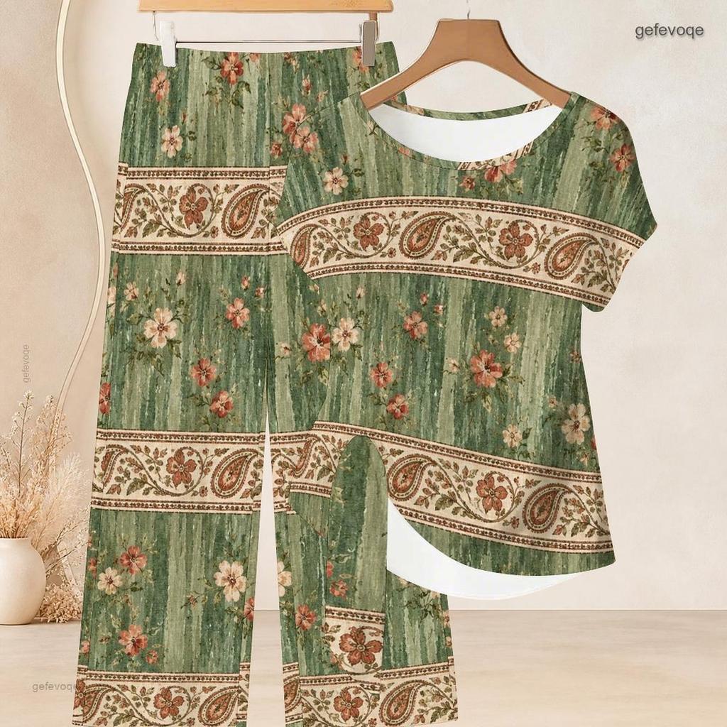 Women Plus Size Round Neck Short Sleeve Knot Hem Red White Striped Printed Two Piece Pants Set