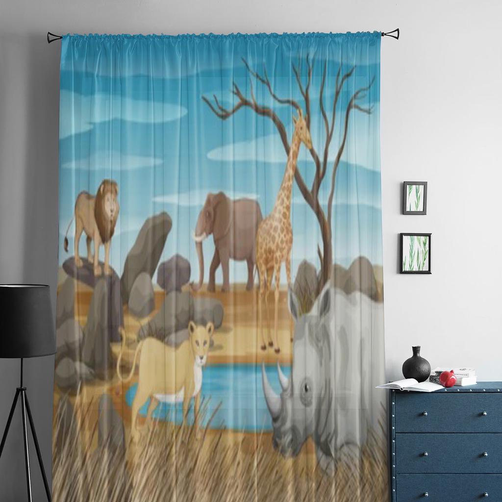Wild Animals In The Field Sheer Curtains for Living Room Transparent Tulle Window Curtain Bedroom Kitchen Home Decor Veil Drapes