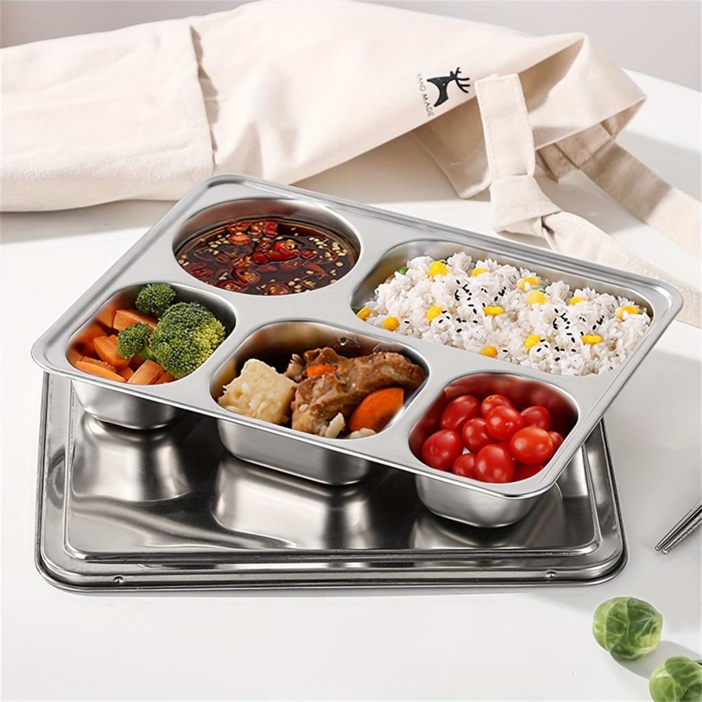 Unterteilter Essteller aus Edelstahl – Lunchtablett mit 5 Fächern für die Schule, tiefes, quadratisches Serviertablett für Mahlzeiten, spülmaschinenfest