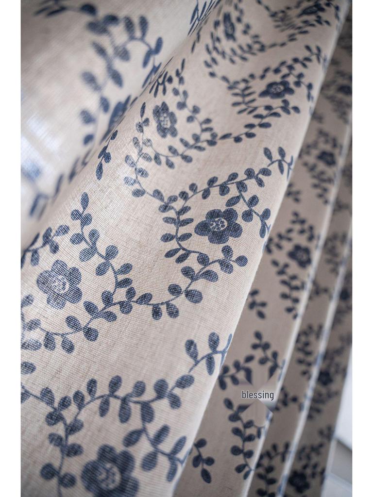Yimanqiyun Blue Plum Blossom Print Semi-Blackout Kitchen Curtain