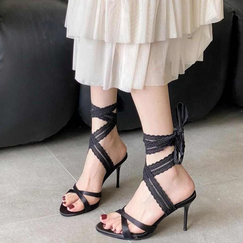 

Fashion Women Thin Heel Sandals Sexy Cross-tied Slip-on Sandalias Elegant Exquisite Ladies Banquet Party High Heels 35 чёрный