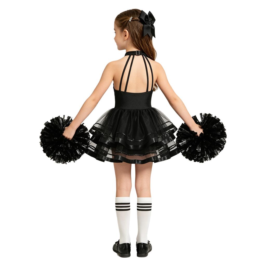 Girls Cheerleading Outfit Sleeveless Halter Sparkling Sequins Backless Tulle Tutu Dress Flower Balls Headwear Socks Set