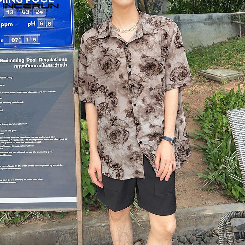 INCERUN Oversized Men Lapel Floral Printed Shirts Beach Holiday Tops