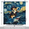 Funny Pirate Dog Riding Shark Shower Curtain Starry Ocean Sea Waves Cute Corgi Surfing Creative Hilarious Bathroom Decor Curtain