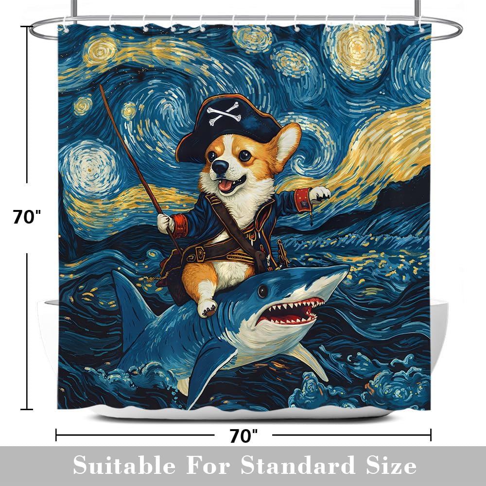Funny Pirate Dog Riding Shark Shower Curtain Starry Ocean Sea Waves Cute Corgi Surfing Creative Hilarious Bathroom Decor Curtain