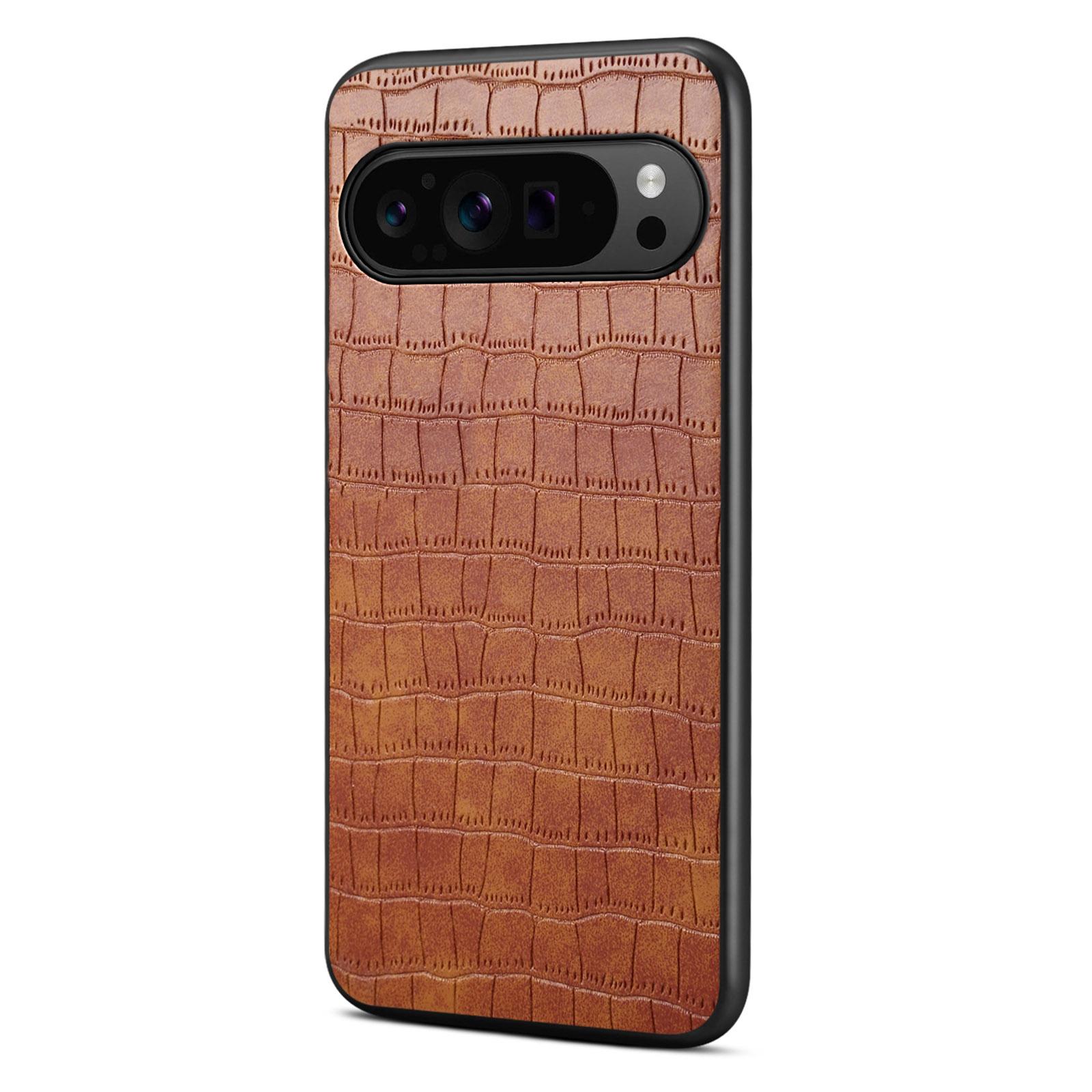 

For Google Pixel 10/Pixel 10 Pro Case Crocodile Texture Design Leather Slim Back Cover Brown