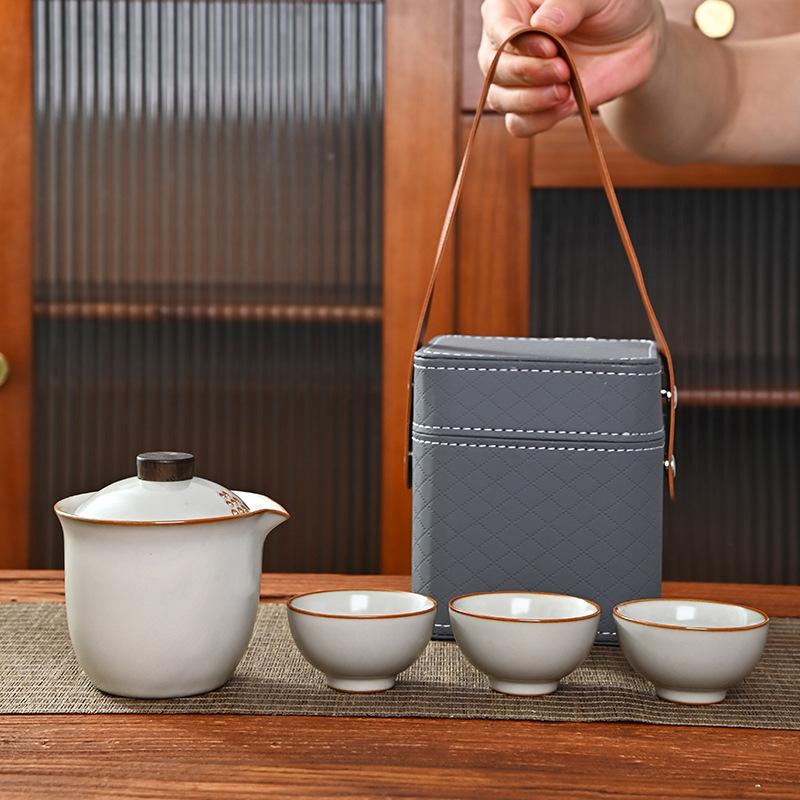 Ru Kiln Set Travel Tea Set Kuaike Cup One Pot Three Cups Storage Bag Portable Outdoor Souvenir Gifts