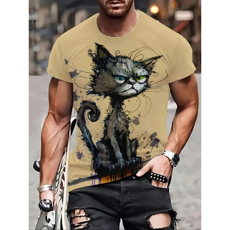 Letní pánské tričko s krátkým rukávem Zvířecí potisk Ležérní oversized svetr s výstřihem Móda Streetwear Pánské oblečení Kočičí trička